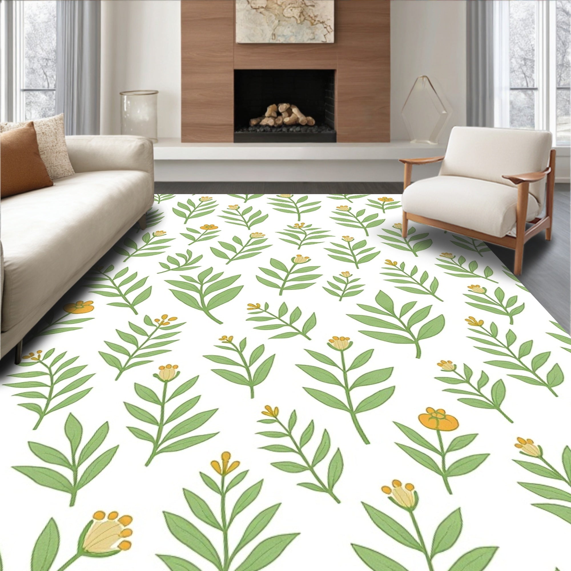 Green Leafy Branch with Orange Blossom Rug