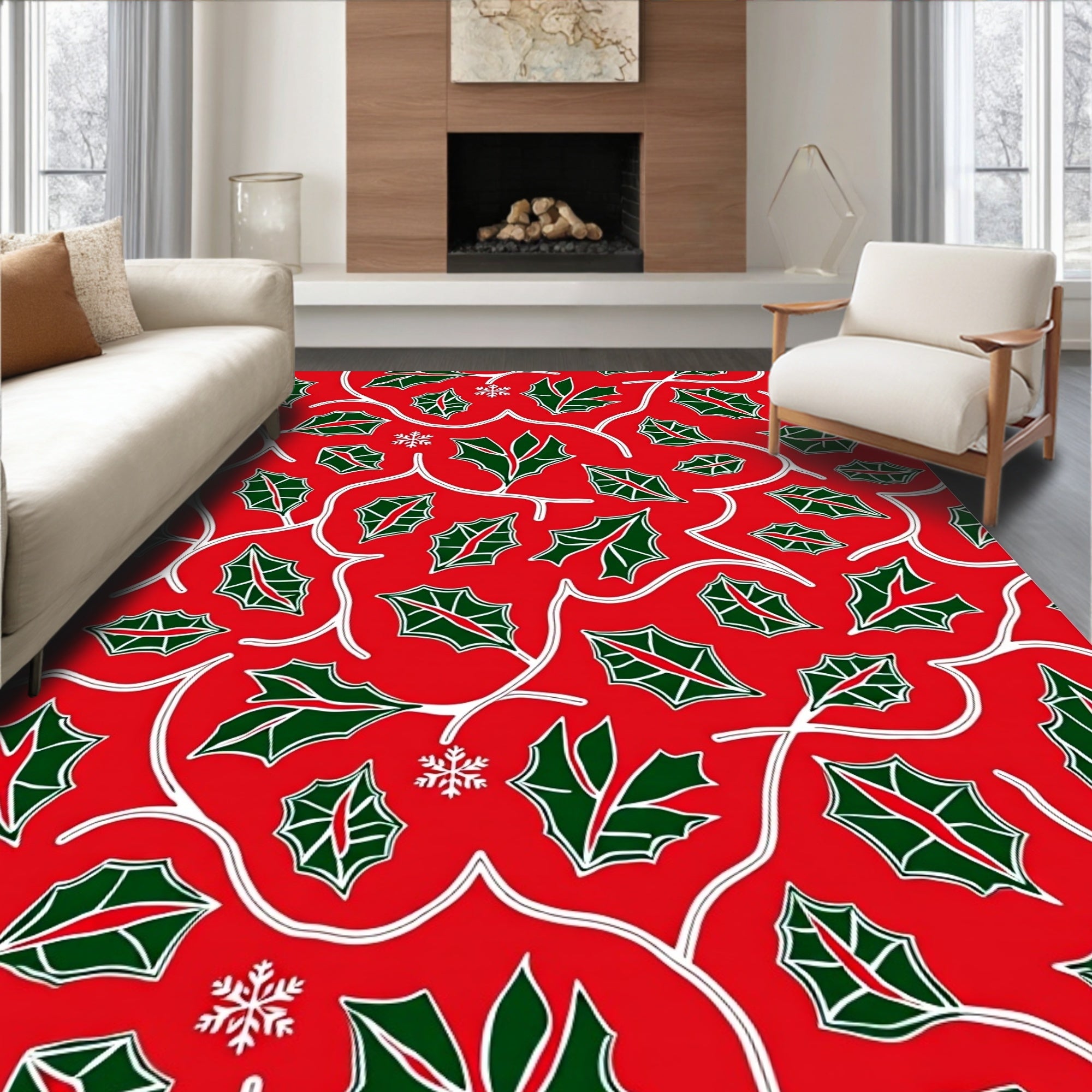 Winter Holly Leaf Snow Cluster Rug