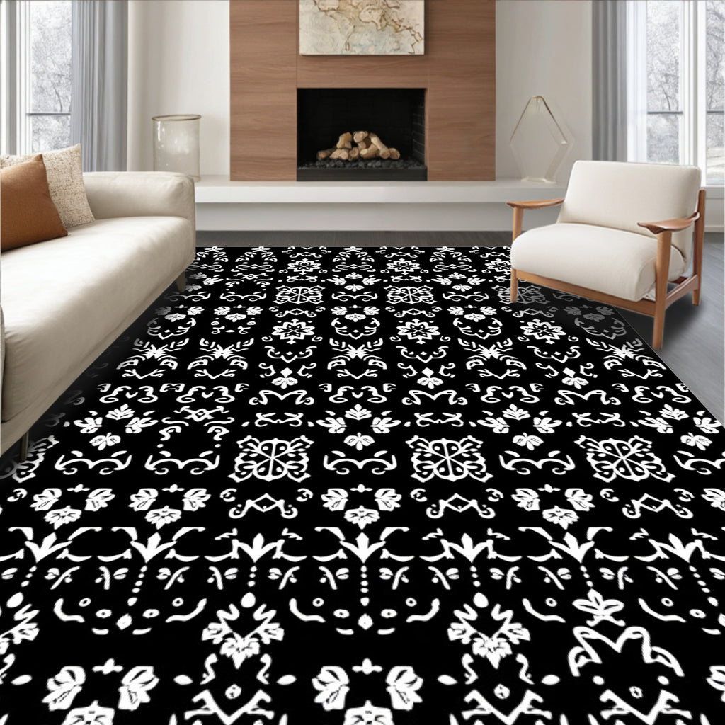 Bold Black White Intricate Floral Scroll Rug