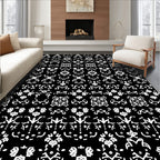 Bold Black White Intricate Floral Scroll Rug