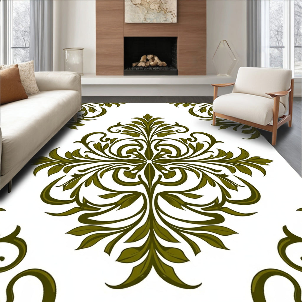 Olive Green Vintage Floral Scroll Rug
