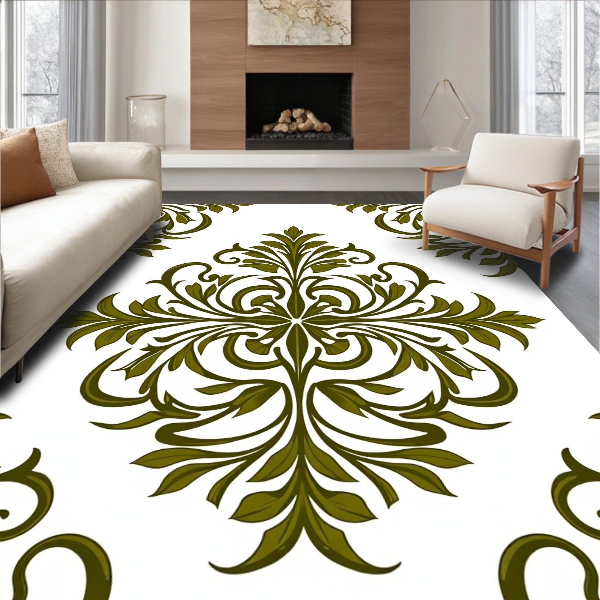Olive Green Vintage Floral Scroll Rug