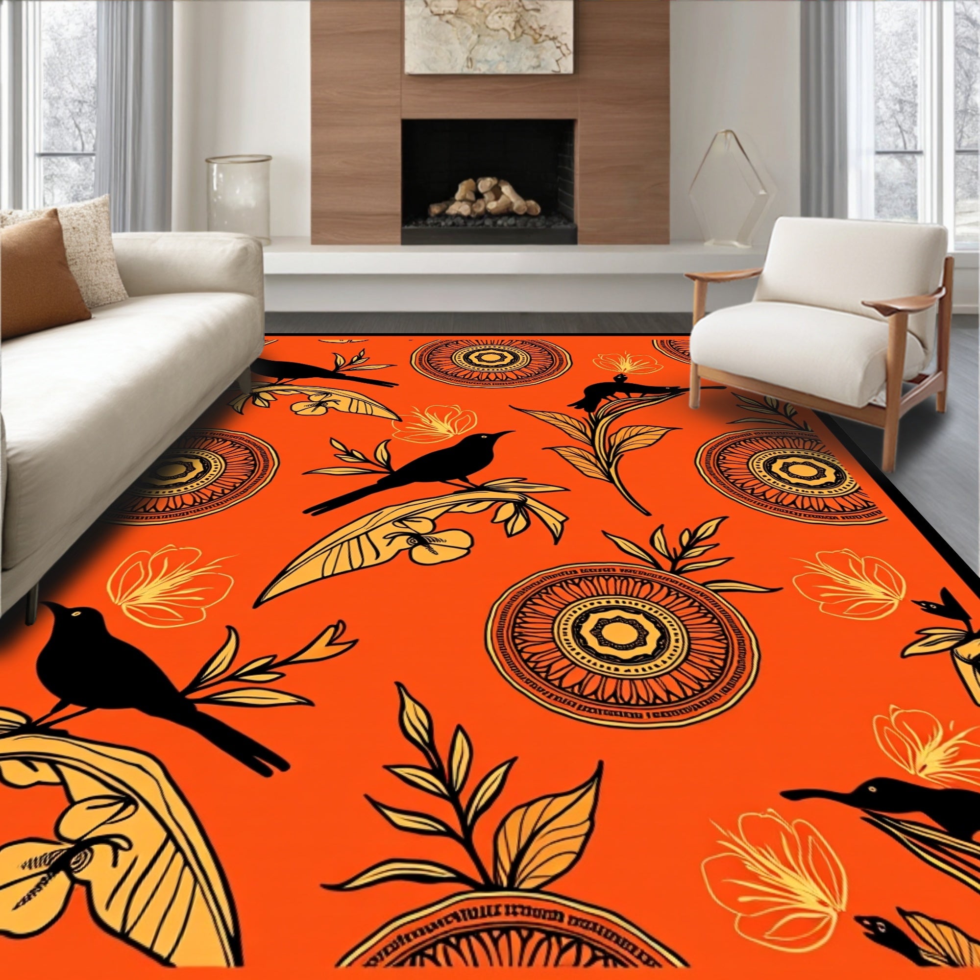 Vibrant Orange Black Bird Floral Medallion Rug