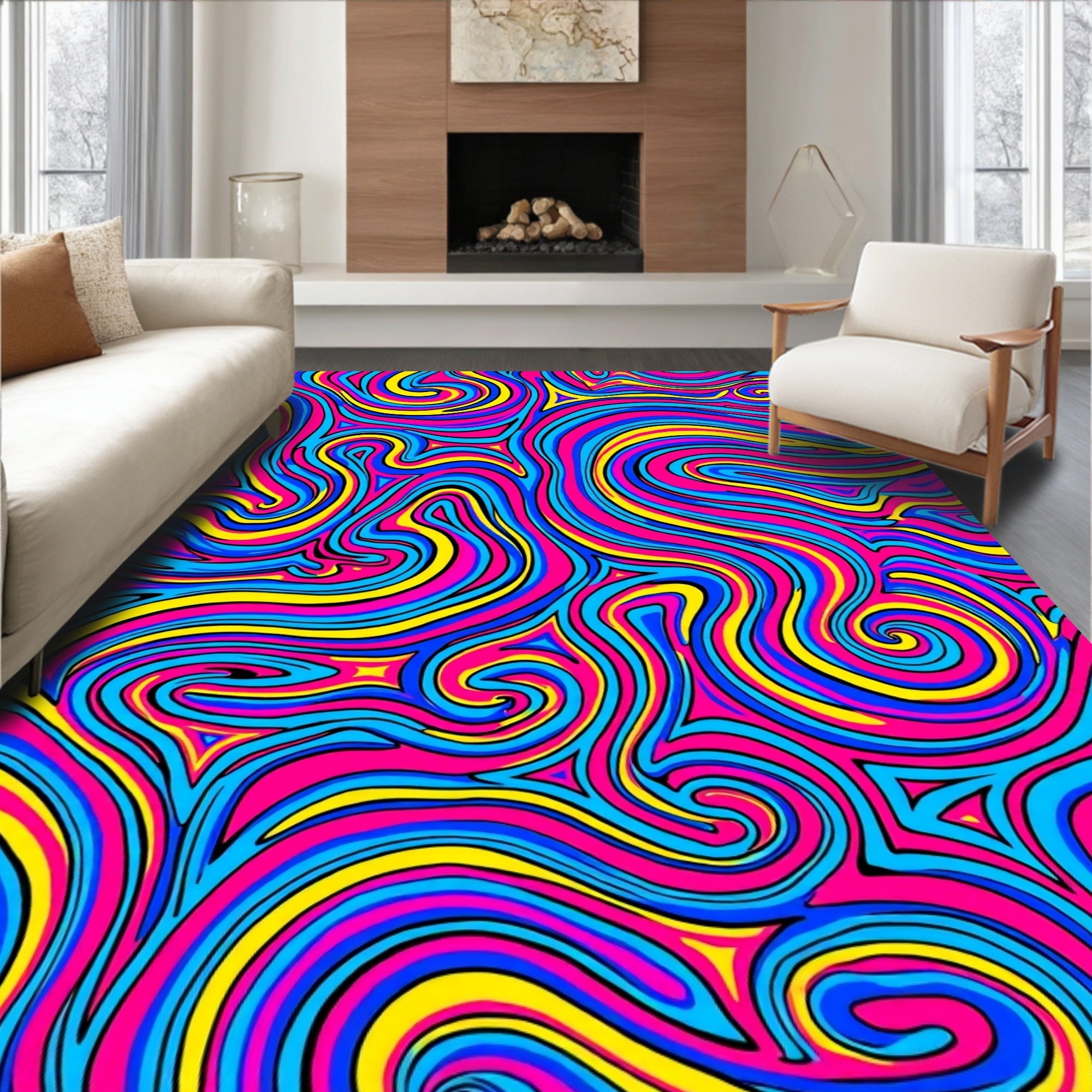 Vivid Pink Blue Yellow Swirls Rug