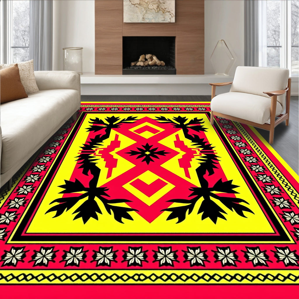 Bold Red Yellow Floral Geometric Rug