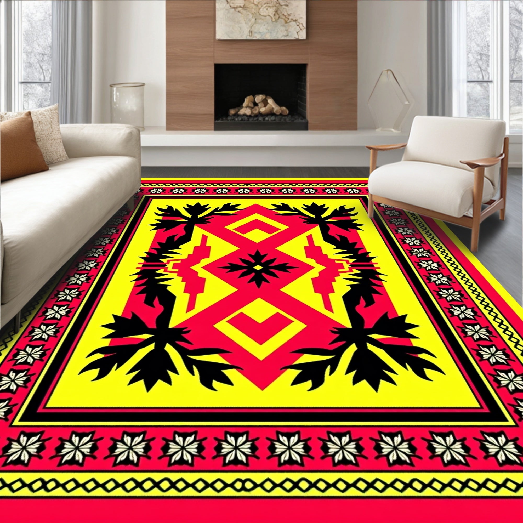 Bold Red Yellow Floral Geometric Rug