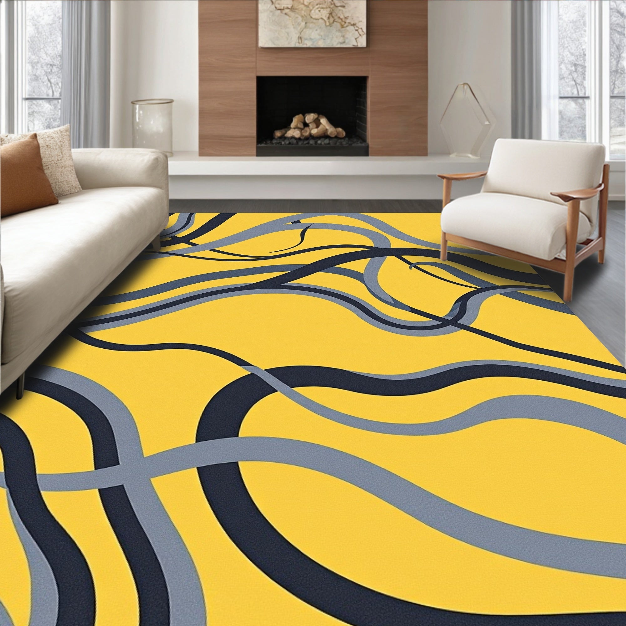 Modern Yellow Gray Swirl Stripes Rug