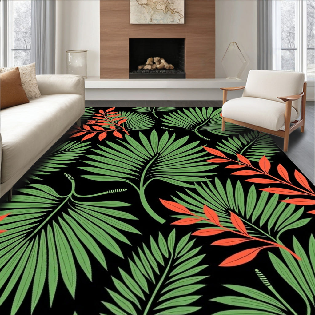 Green Red Tropical Leafy Botanicals Rug