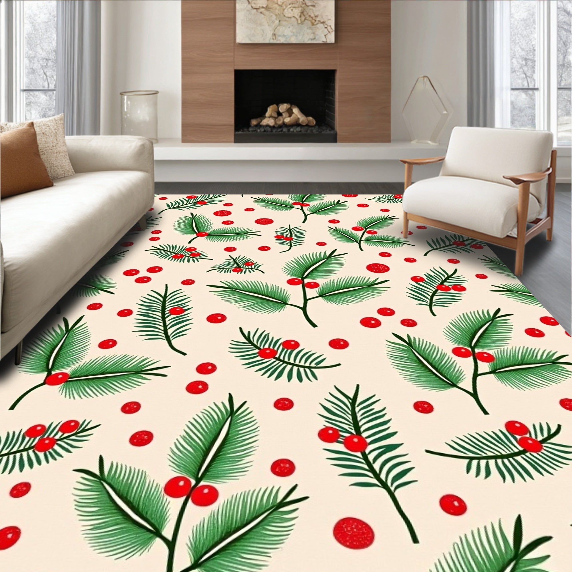 Festive Green Pine Berry Sprigs Rug