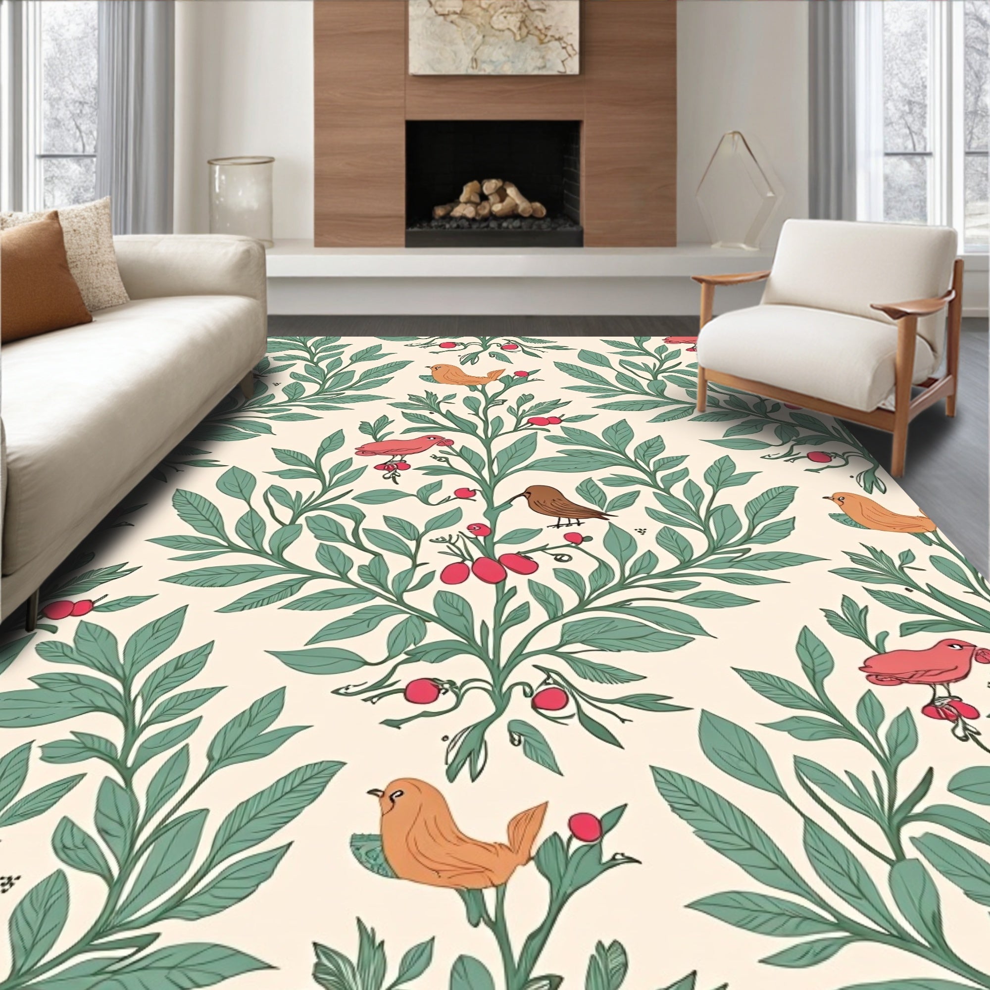 Whimsical Bird Berry Branch Garden Rug