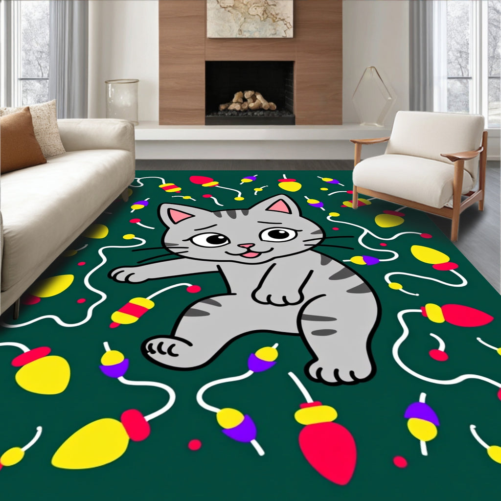 Cute Gray Cat with Festive Light Garland Rug