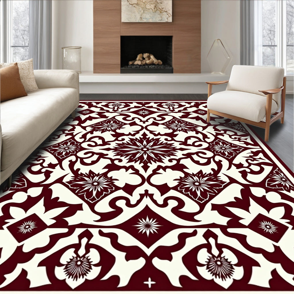 Deep Red Floral Medallion Square Rug