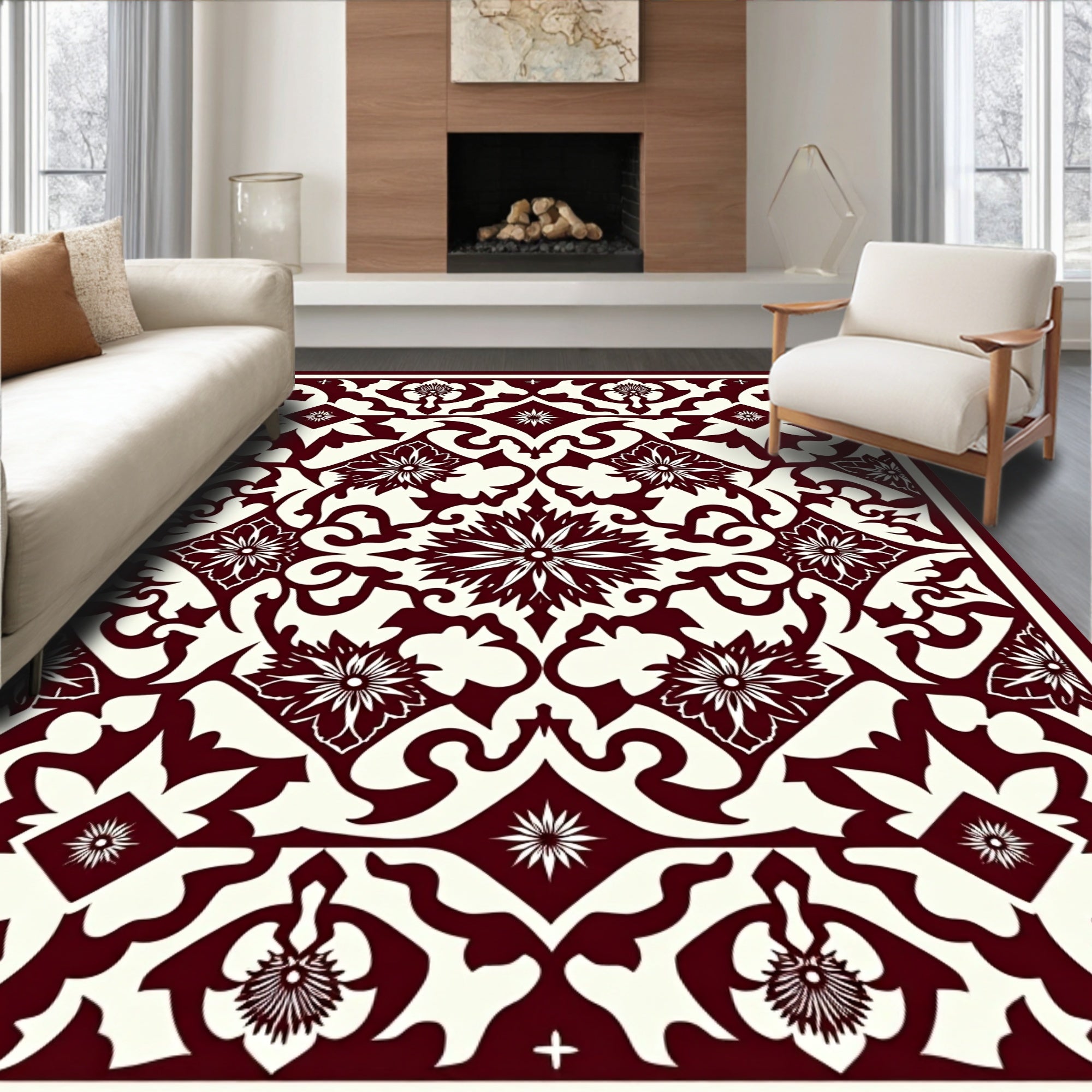 Deep Red Floral Medallion Square Rug