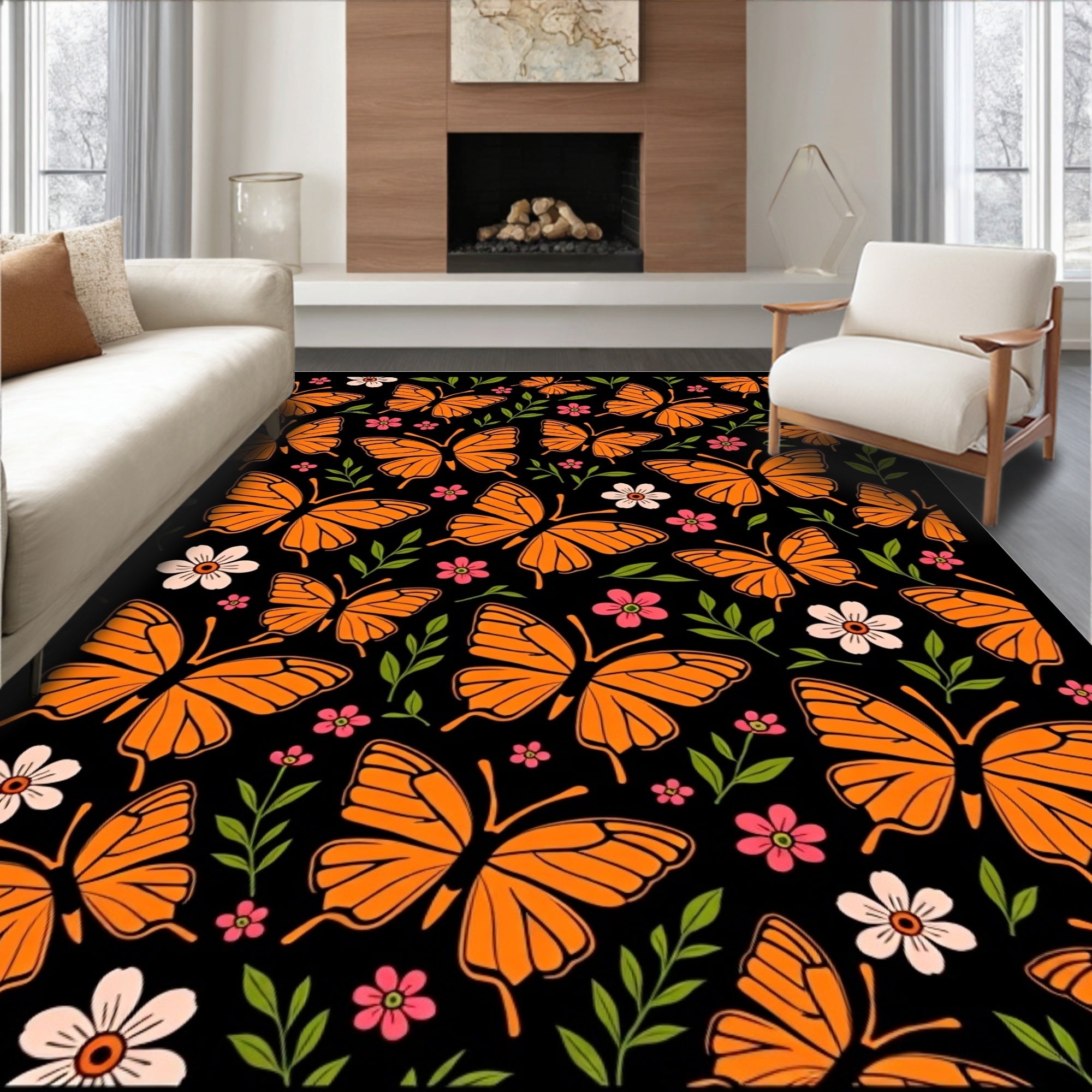 Orange Butterfly Garden Floral Accents Rug
