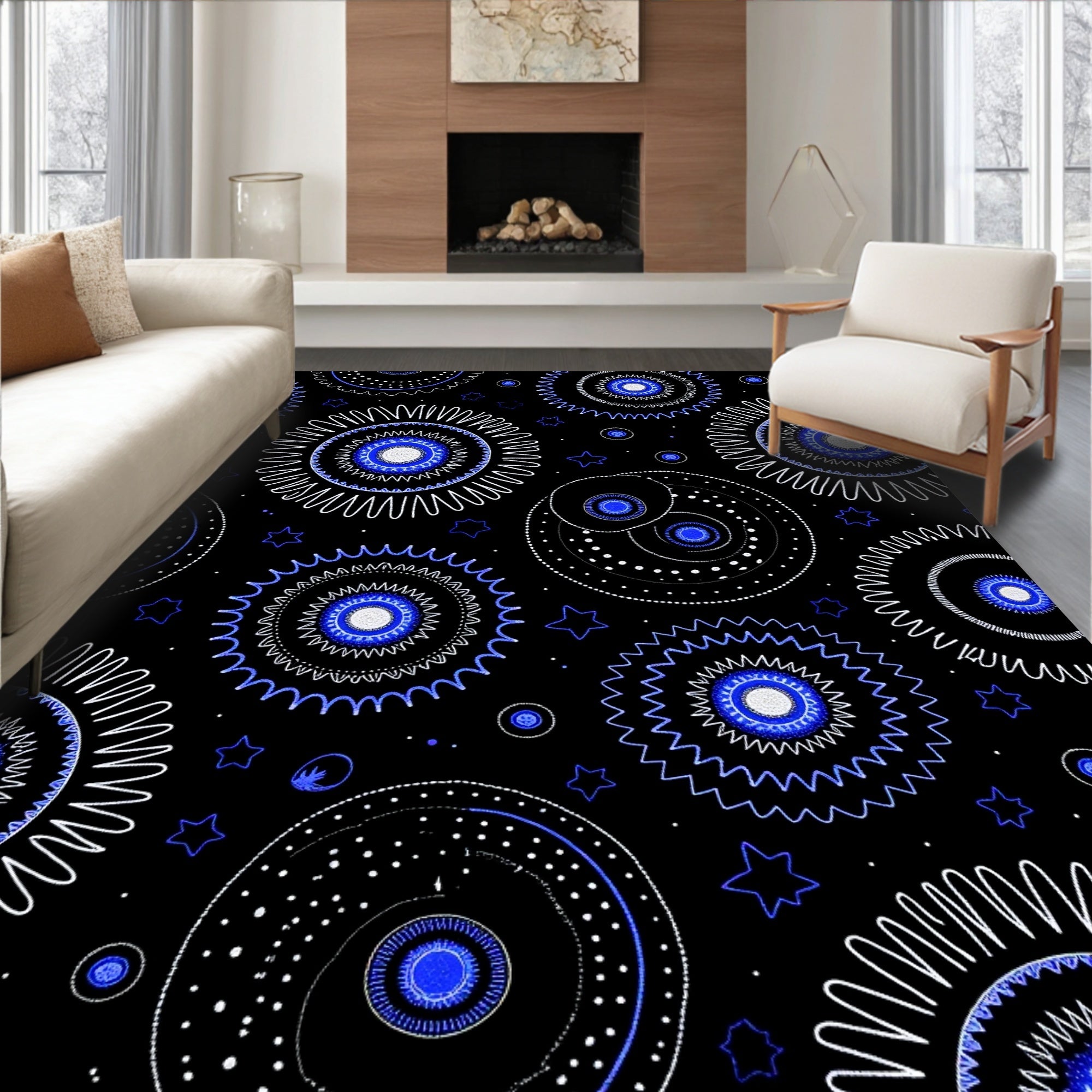Starry Blue Sunburst Mandala Rug