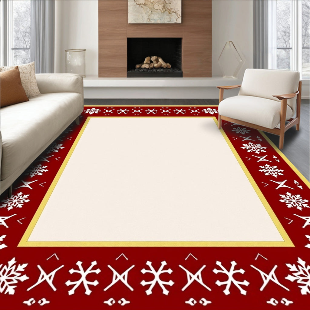 Crimson White Winter Snow Border Rug