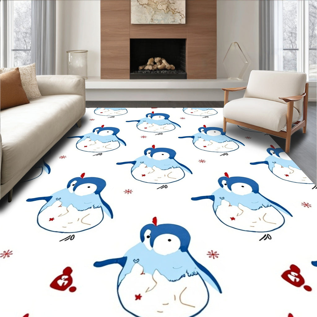 Cute Blue Penguin Winter Snowflakes Rug