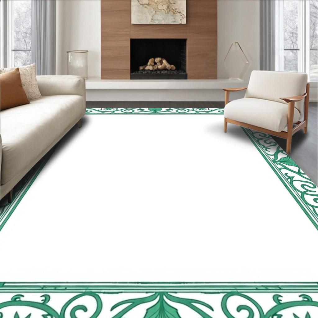 Emerald Green Floral Scroll Border Rug