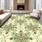 Ornate Cream Green Floral Medallion Repeat Rug