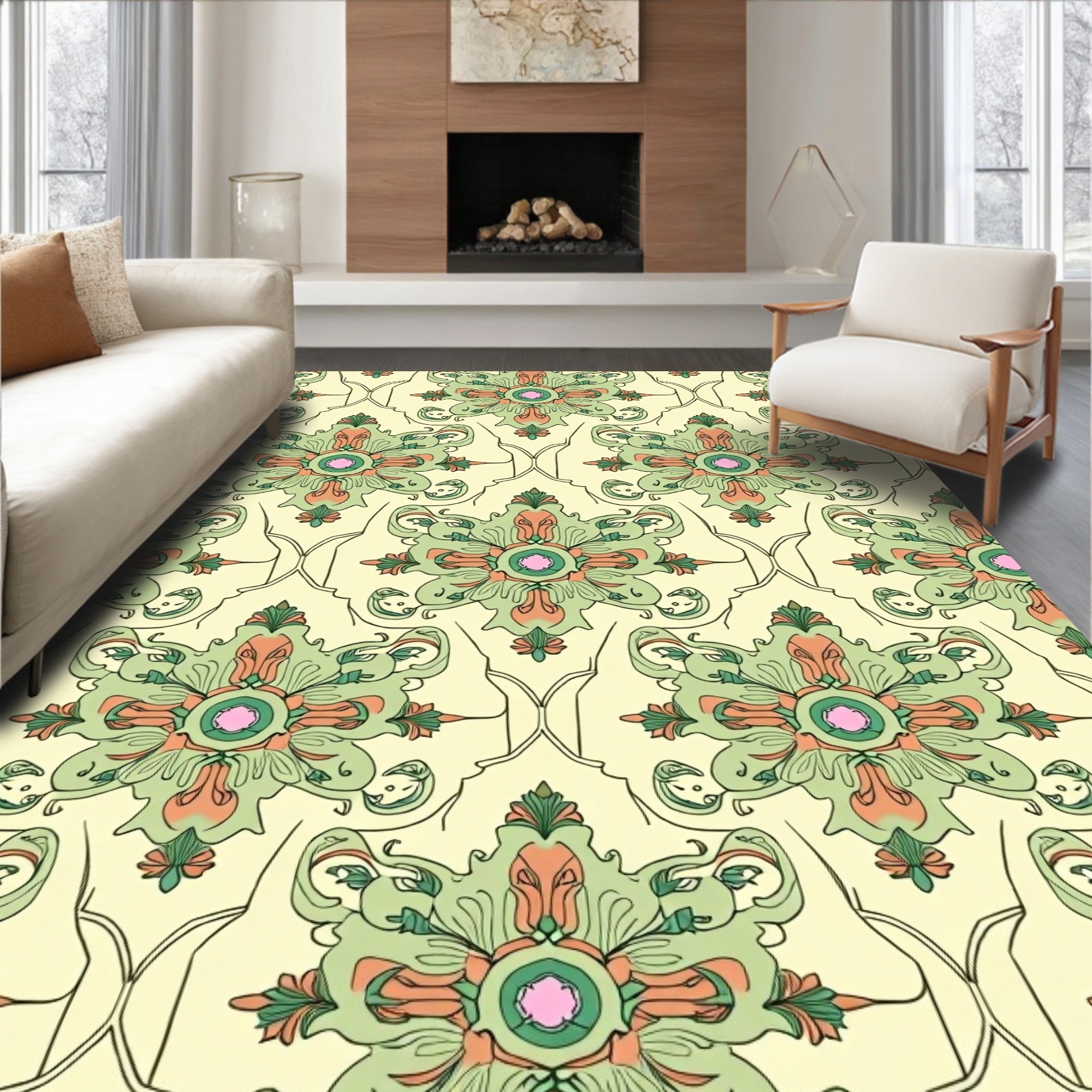 Ornate Cream Green Floral Medallion Repeat Rug