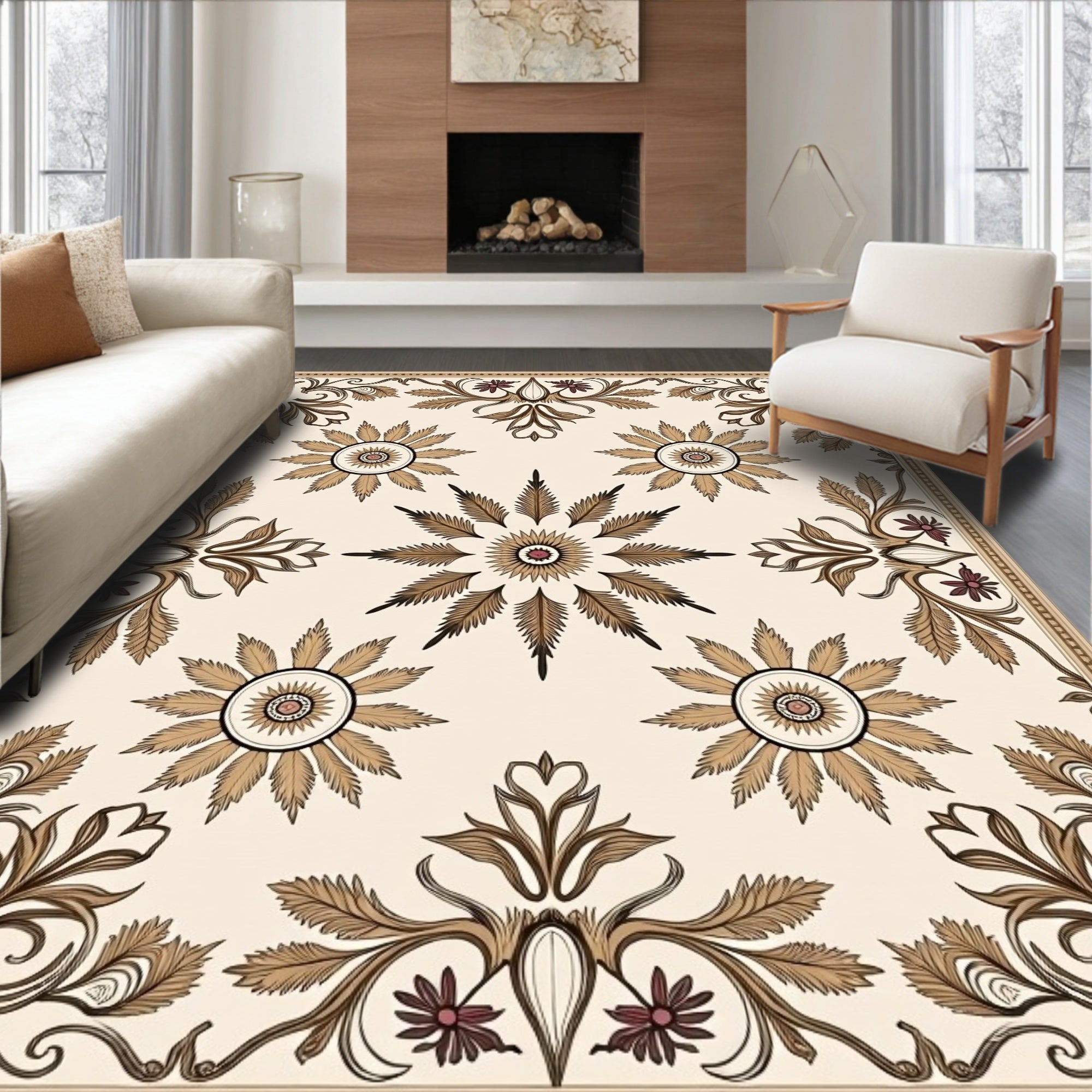 Beige and Burgundy Floral Medallion Rug