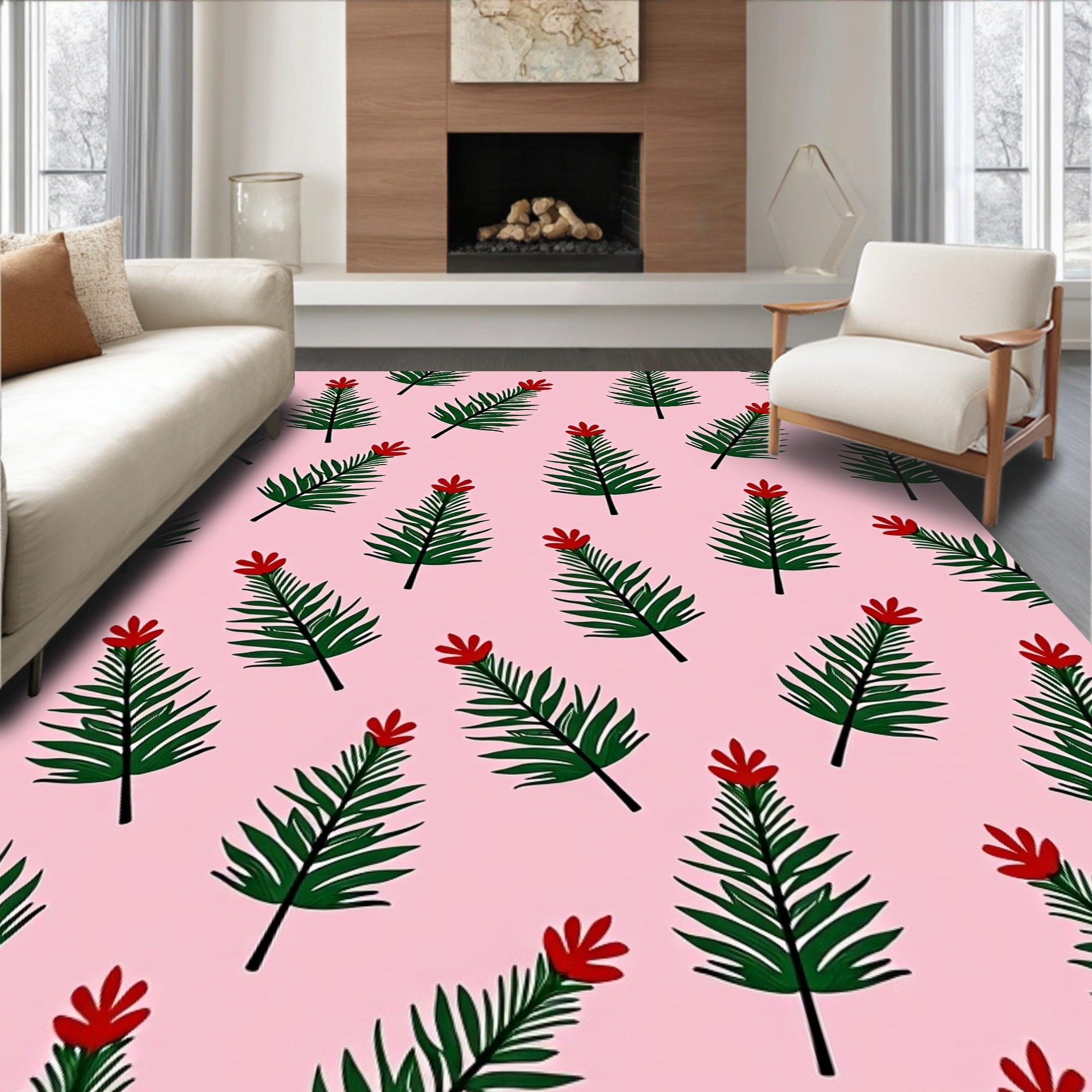 Pink Palm Frond Floral Arrangement Rug