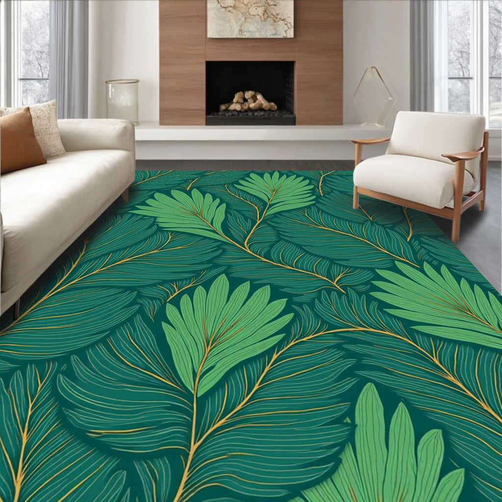 Vibrant Green Tropical Leaf Fern Rug