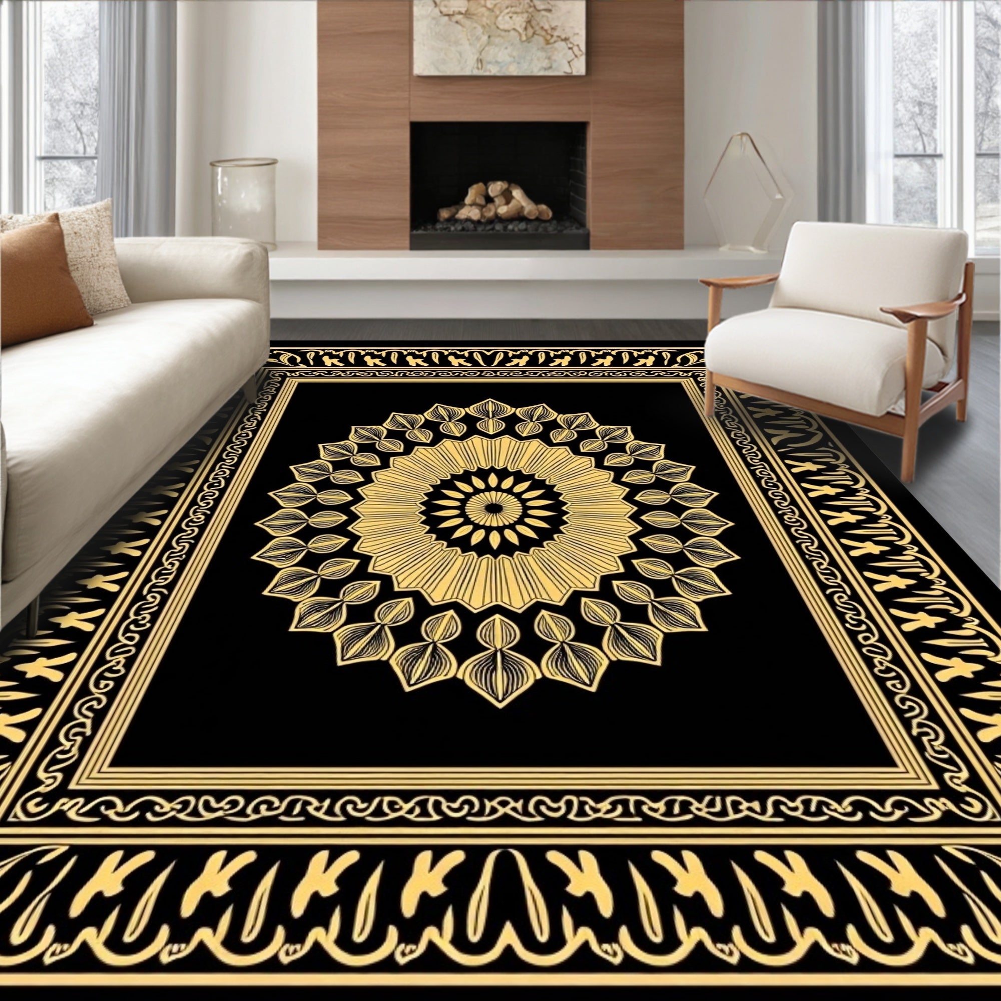 Black Gold Intricate Medallion Square Rug