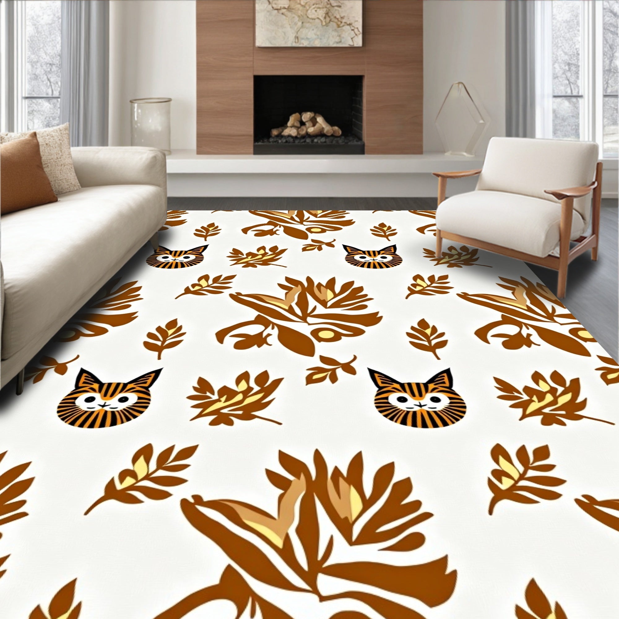 Whimsical Cat and Leaf Medallion Rug