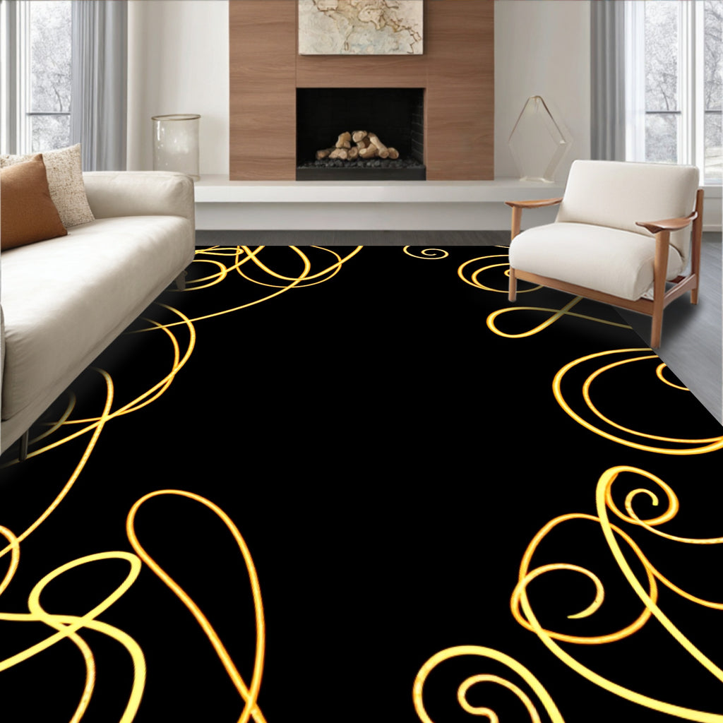Luminous Golden Swirls Black Background Rug