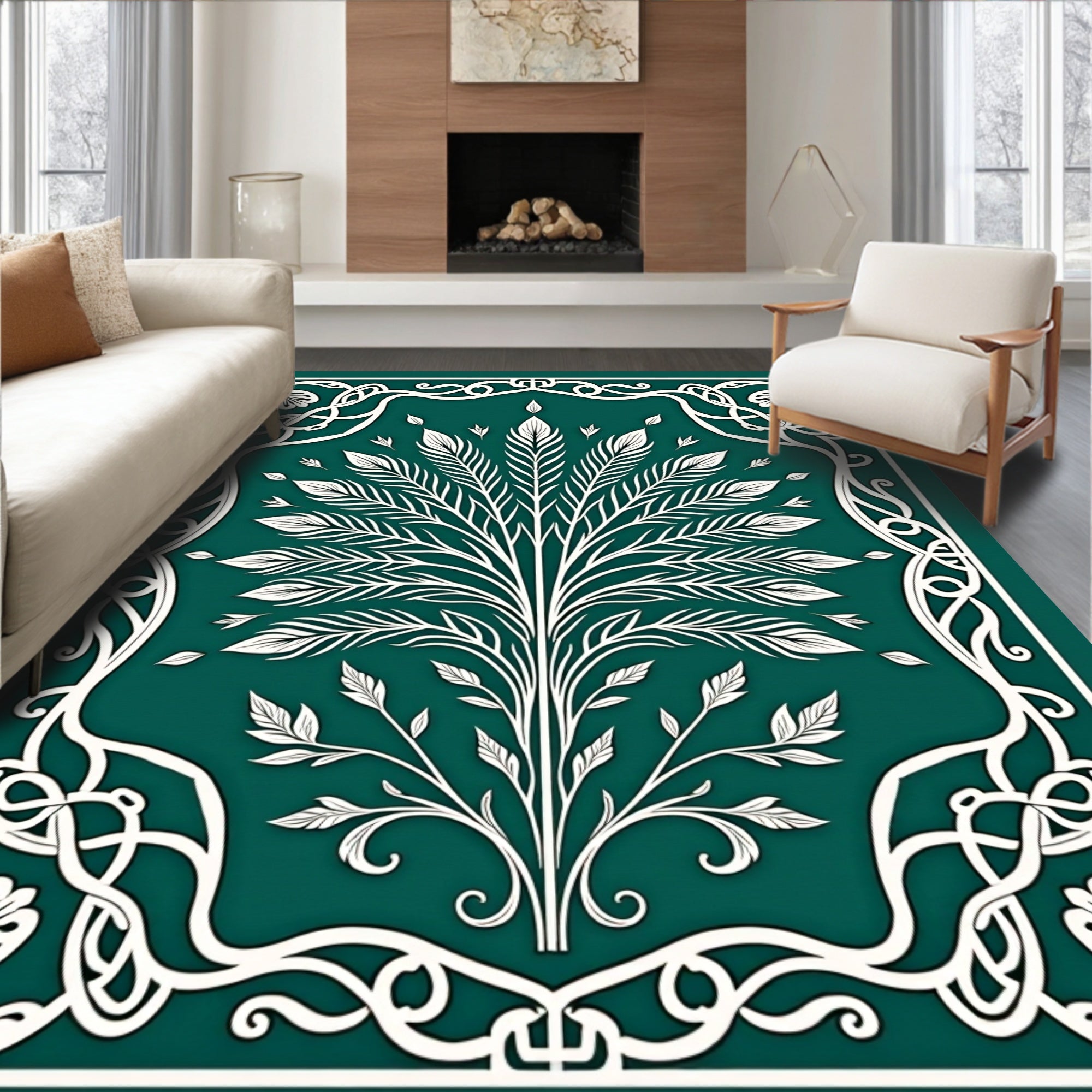 Emerald Green White Foliage Frame Rug
