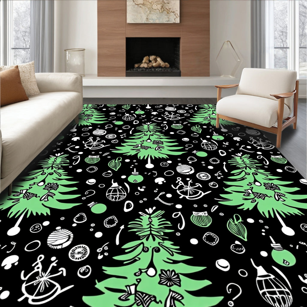 Festive Green Christmas Trees Ornaments Black Rug