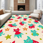 Whimsical Red Teal Kitty Starburst Rug