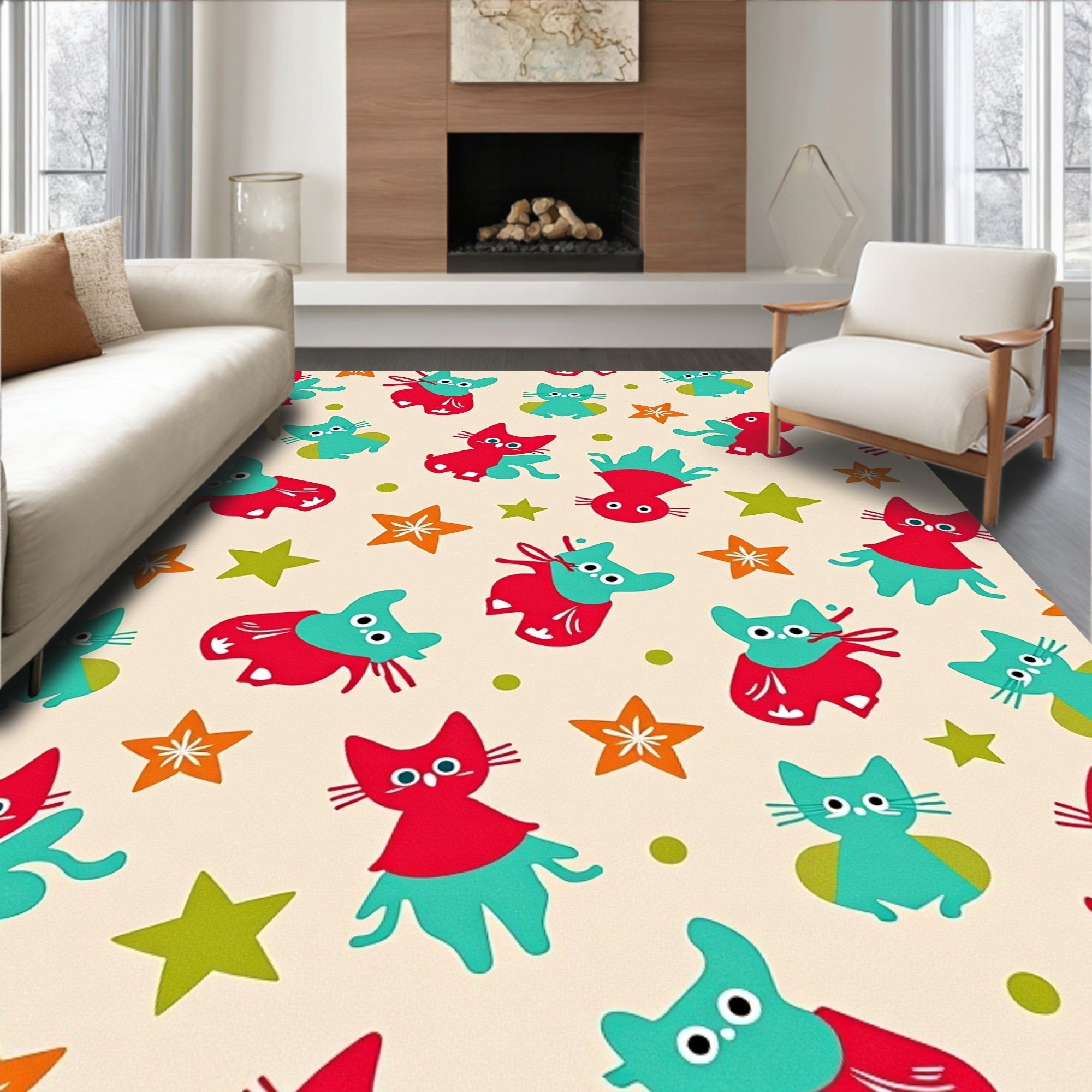 Whimsical Red Teal Kitty Starburst Rug