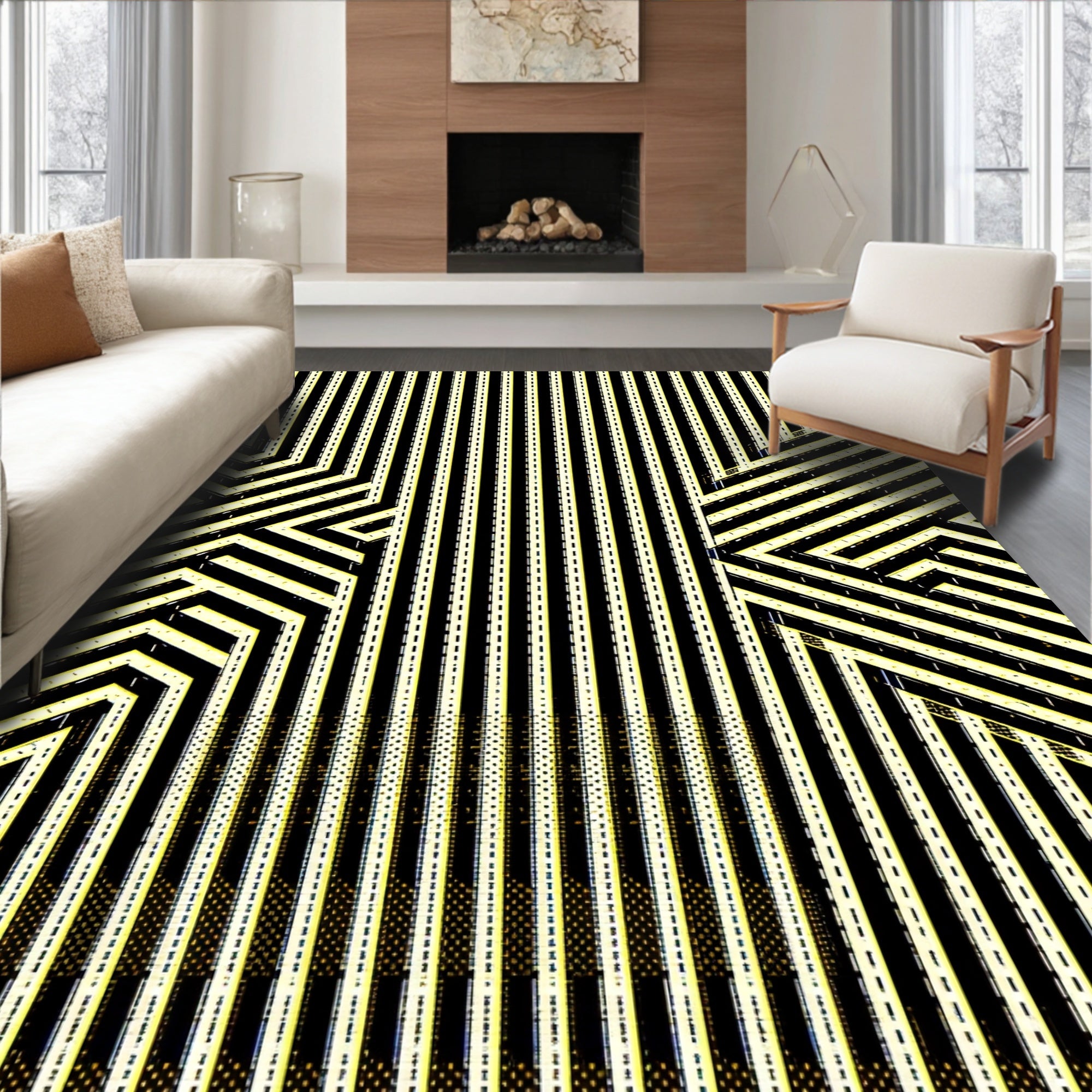 Modern Black Yellow Geometric Stripes Rug