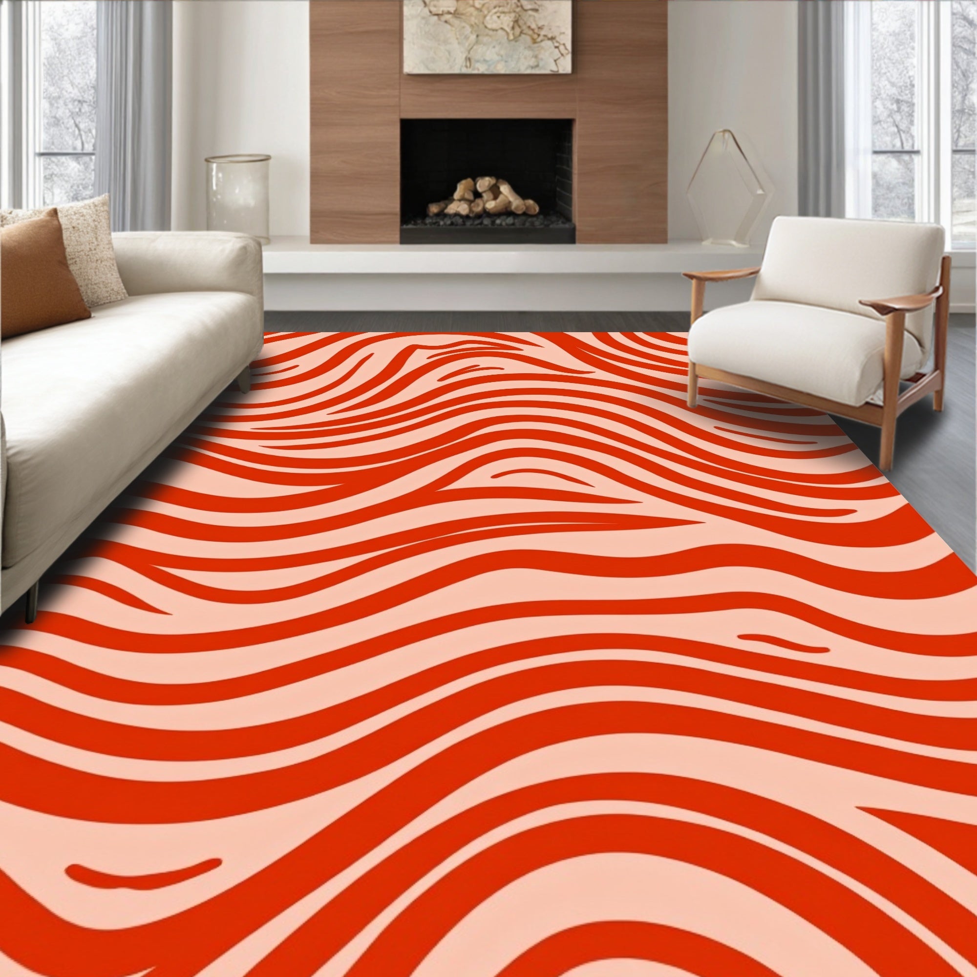 Vibrant Coral Wave Stripe Rug