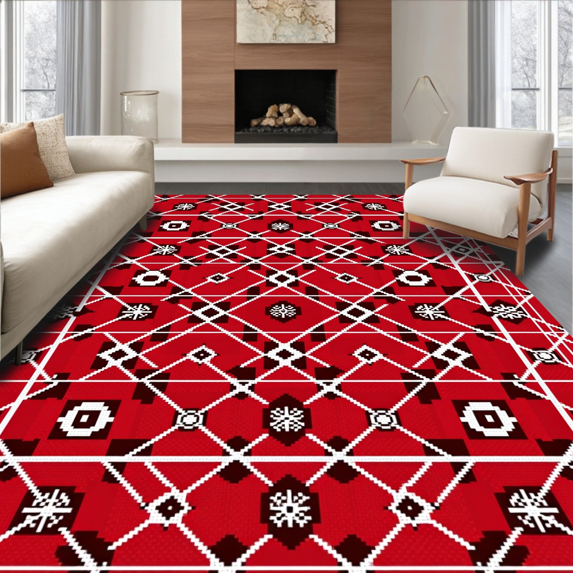 Red Geometric Diamond Folk Rug