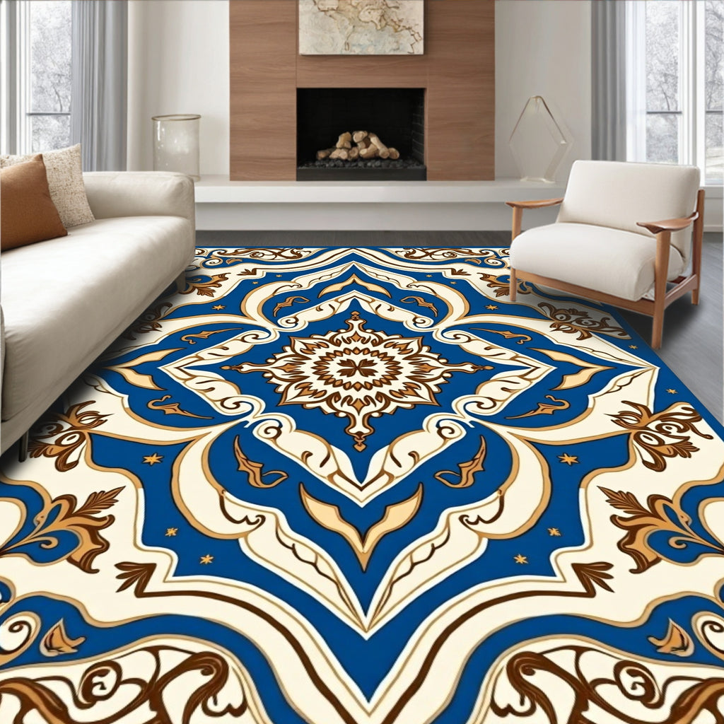 Royal Blue Cream Brown Medallion Tile Rug