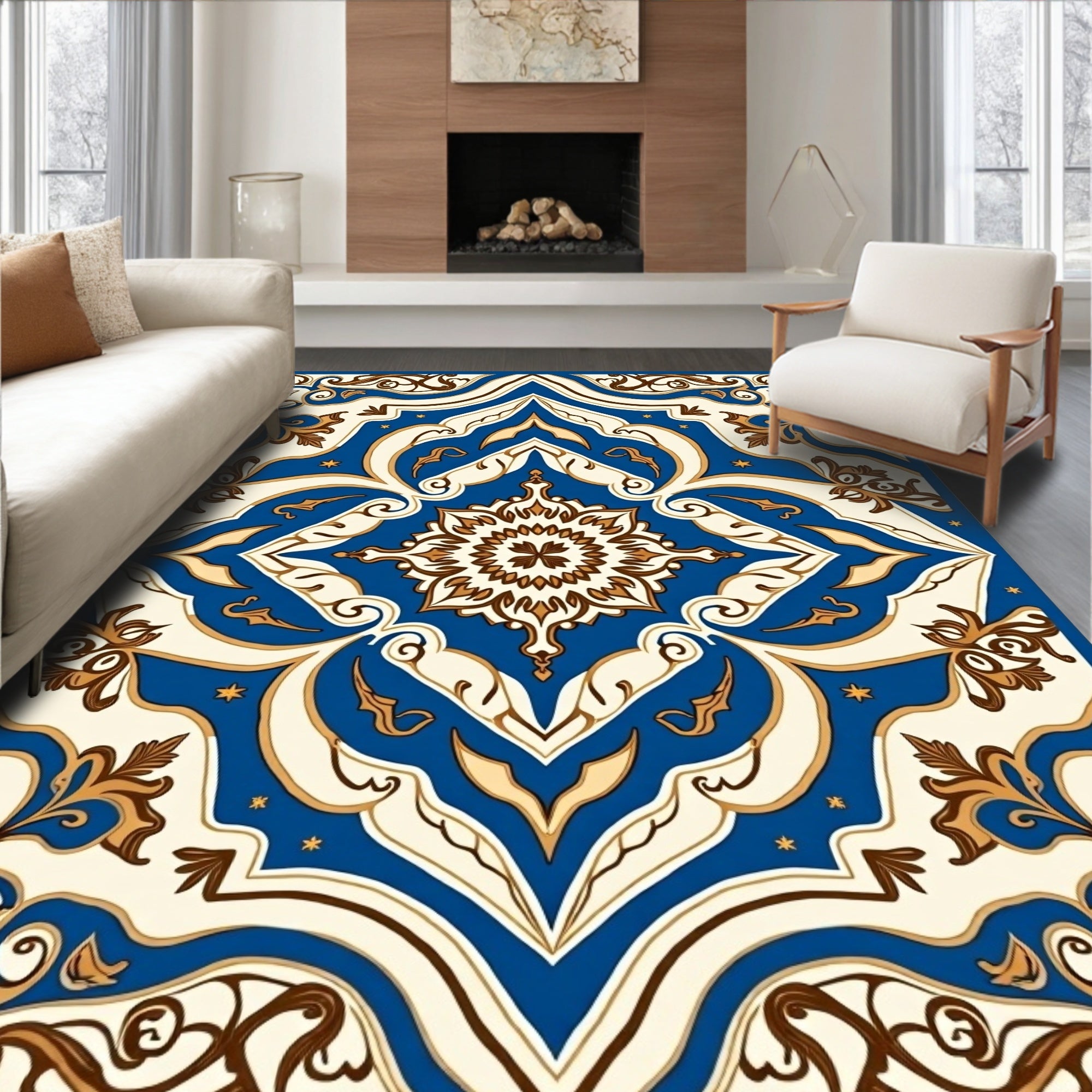 Royal Blue Cream Brown Medallion Tile Rug