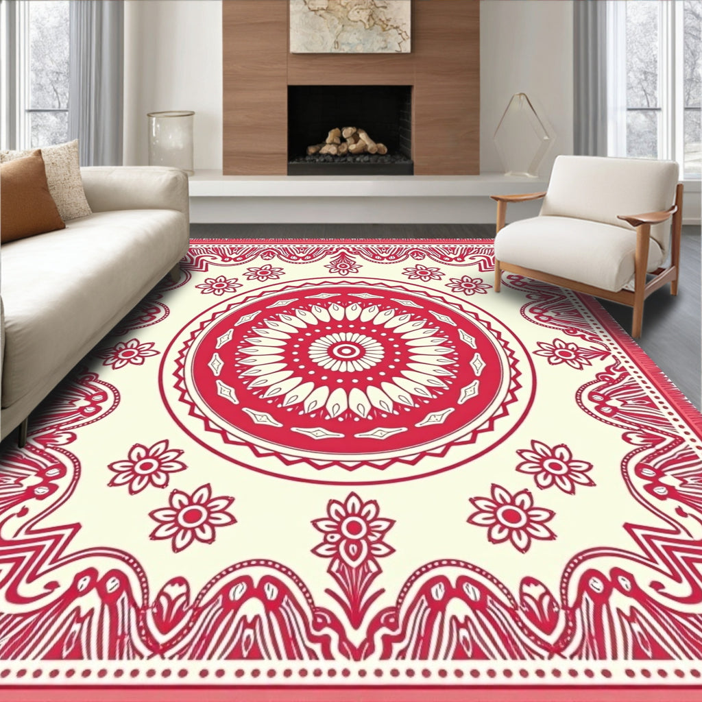Crimson Blossom Mandala Border Tapestry Rug