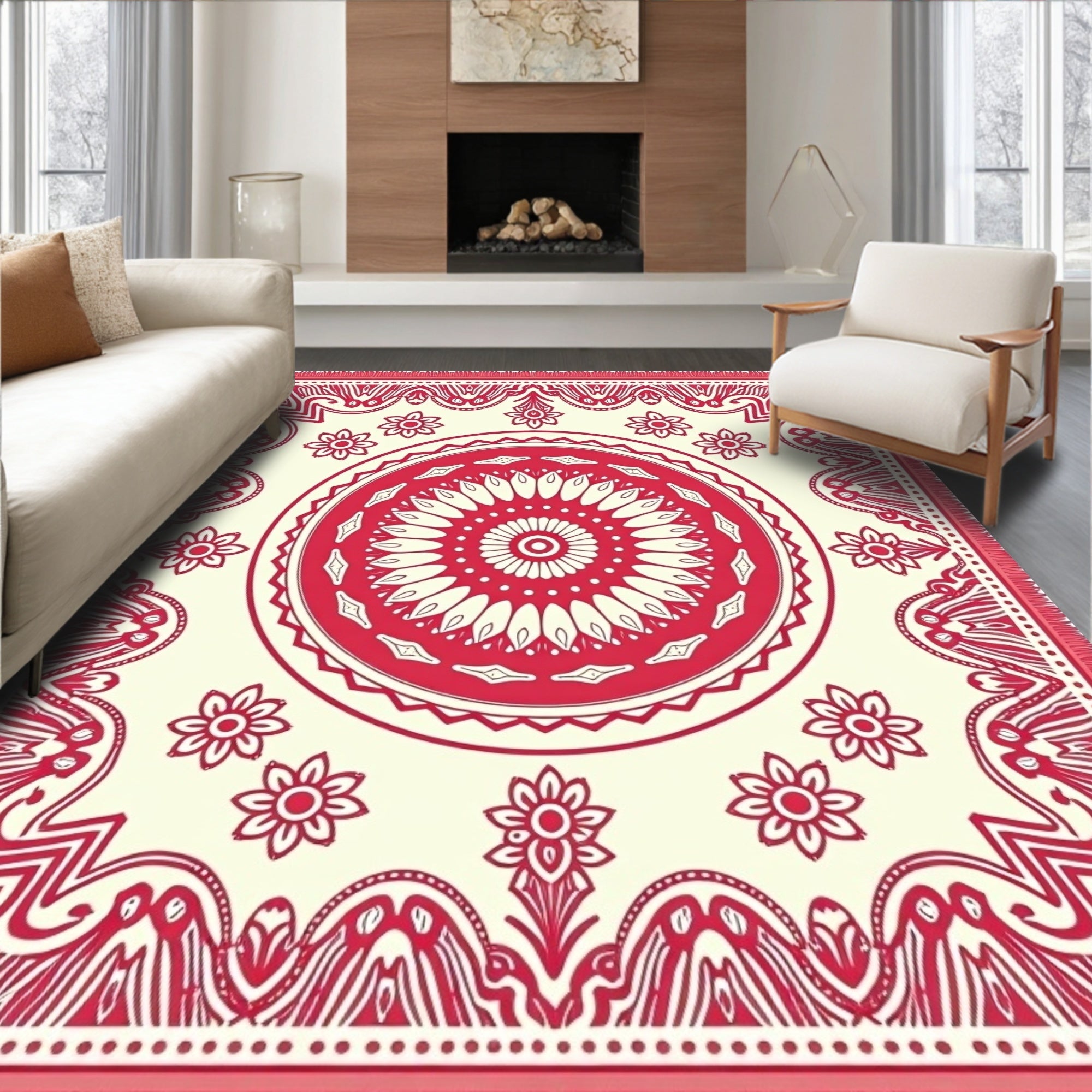 Crimson Blossom Mandala Border Tapestry Rug