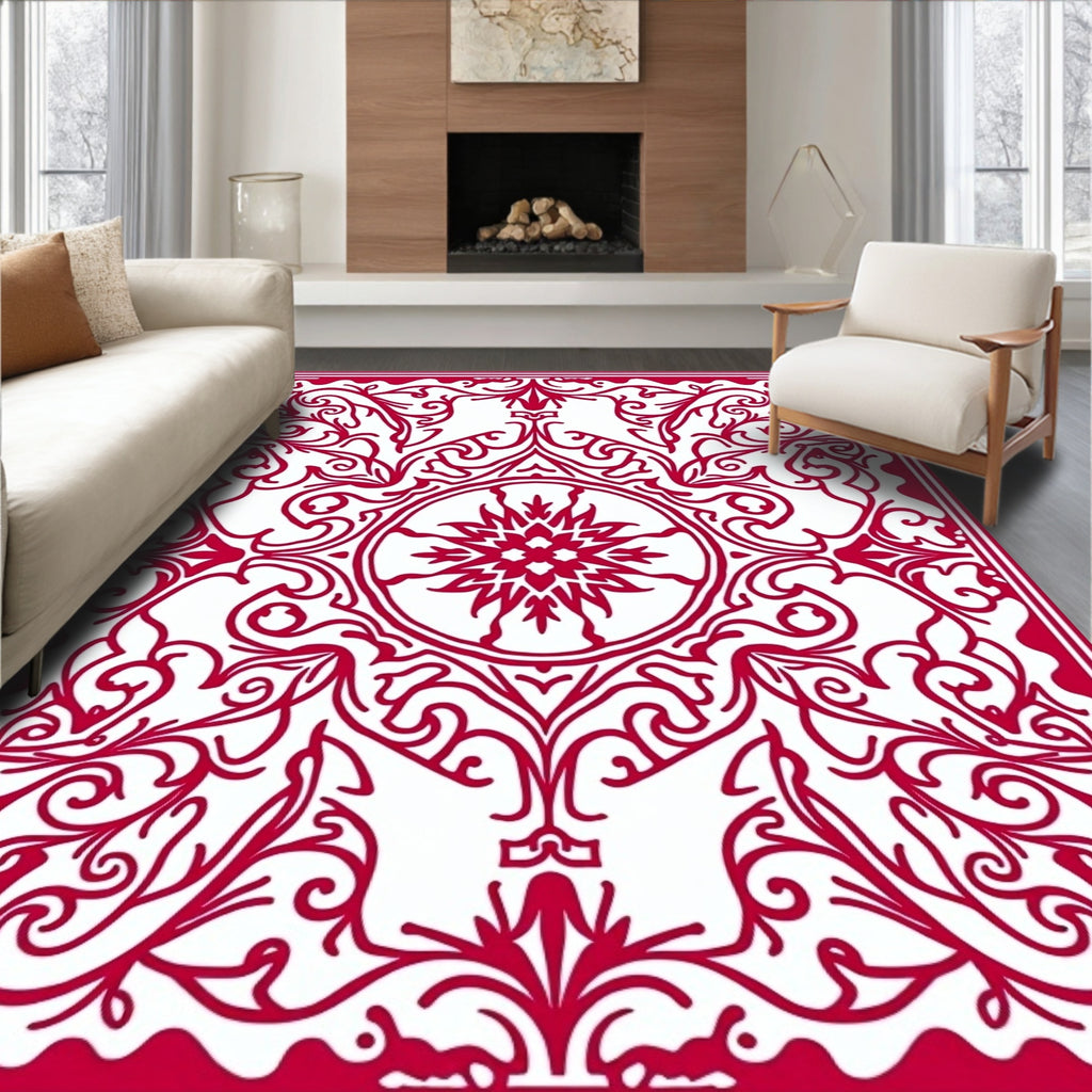 Crimson Floral Medallion Symmetric Scroll Rug