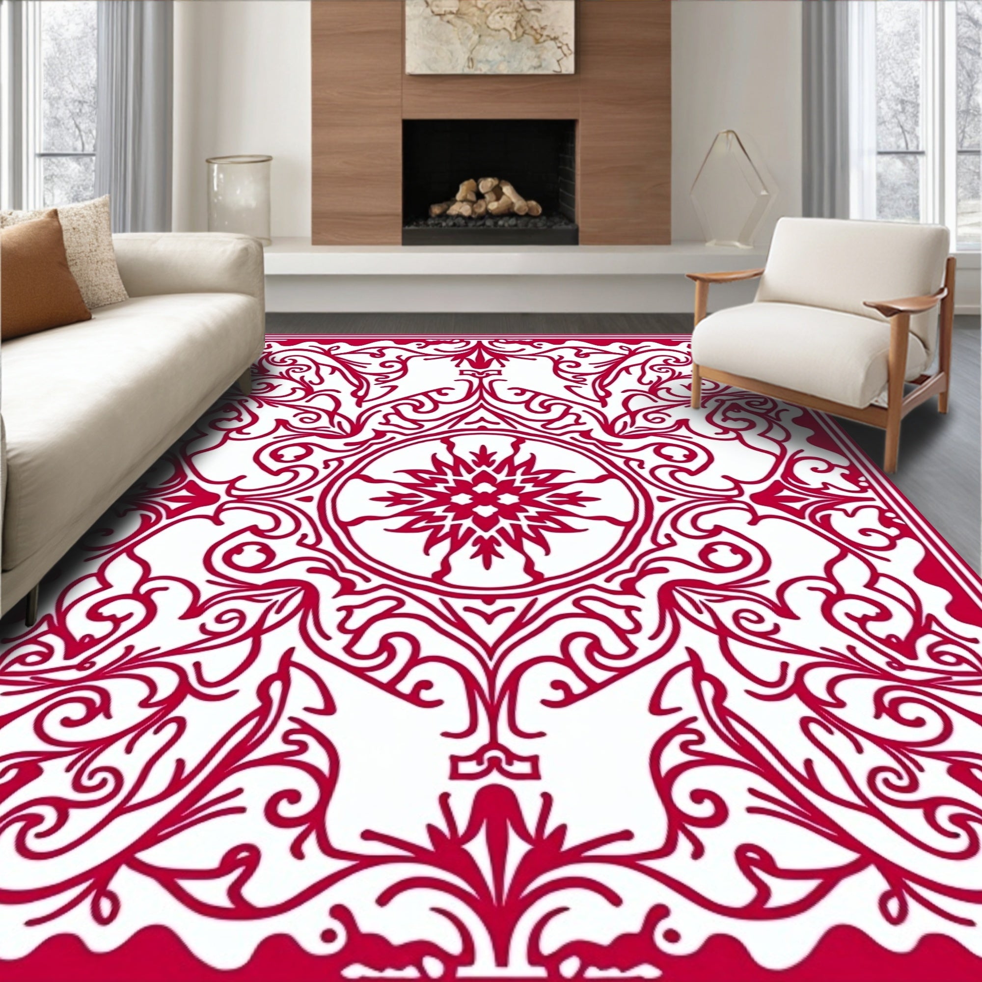 Crimson Floral Medallion Symmetric Scroll Rug
