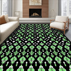Black Lime Green Detailed Leaf Geometric Rug