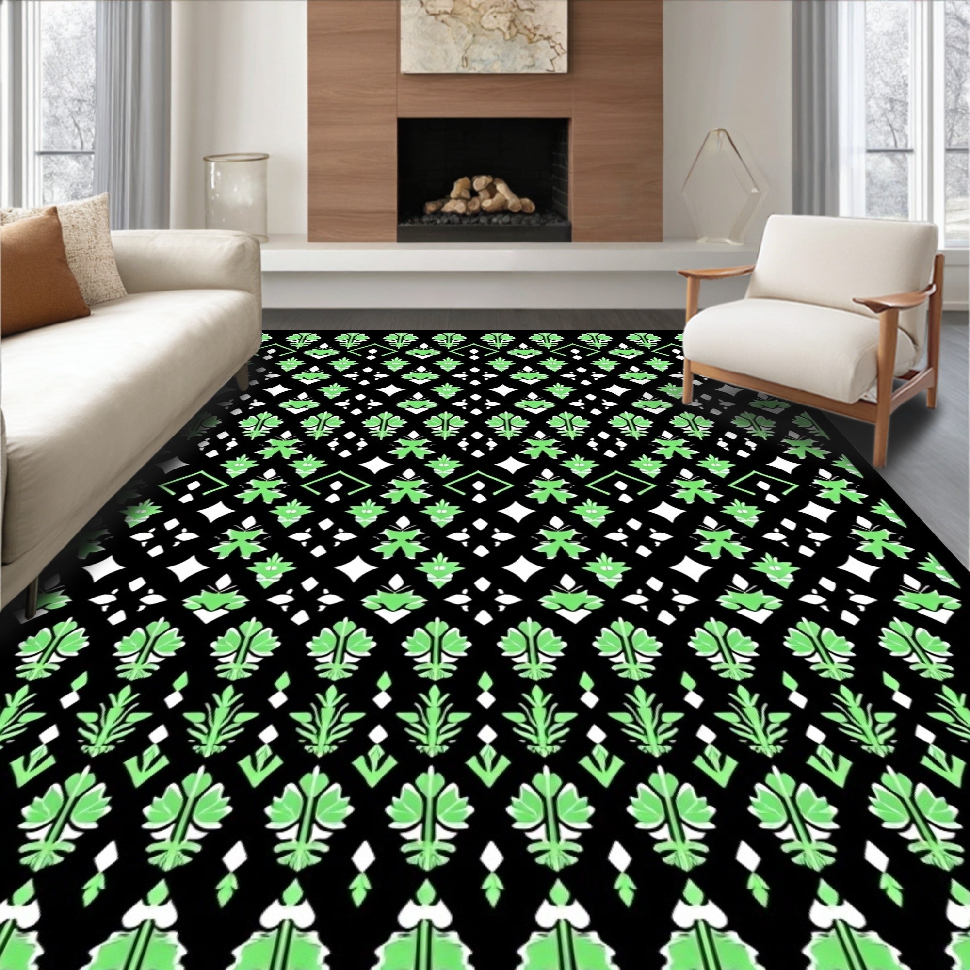 Black Lime Green Detailed Leaf Geometric Rug
