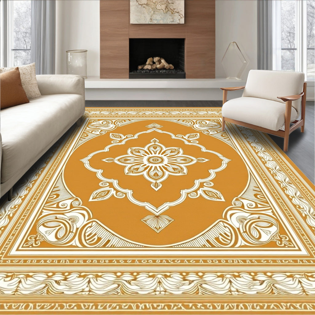 Golden Ochre Floral Medallion Border Rug