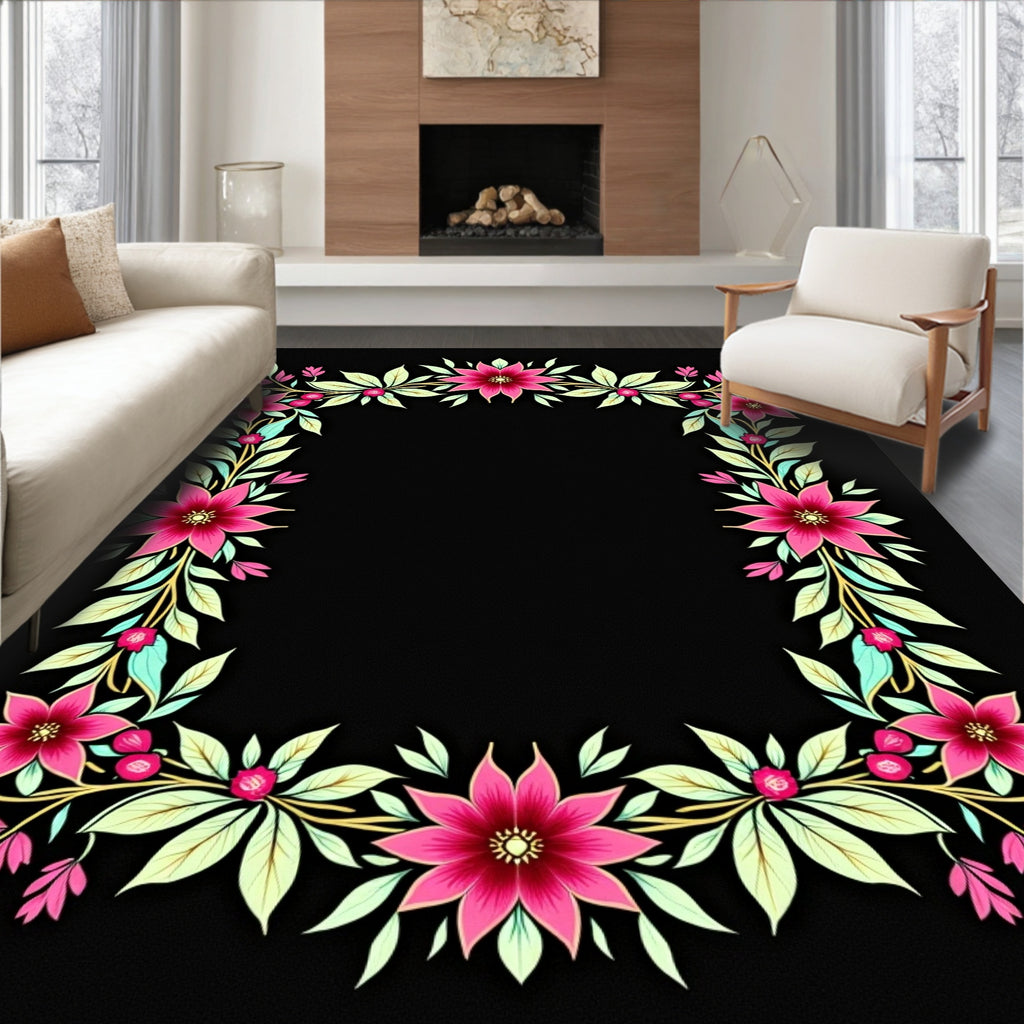 Vibrant Pink Floral Vine Border Rug