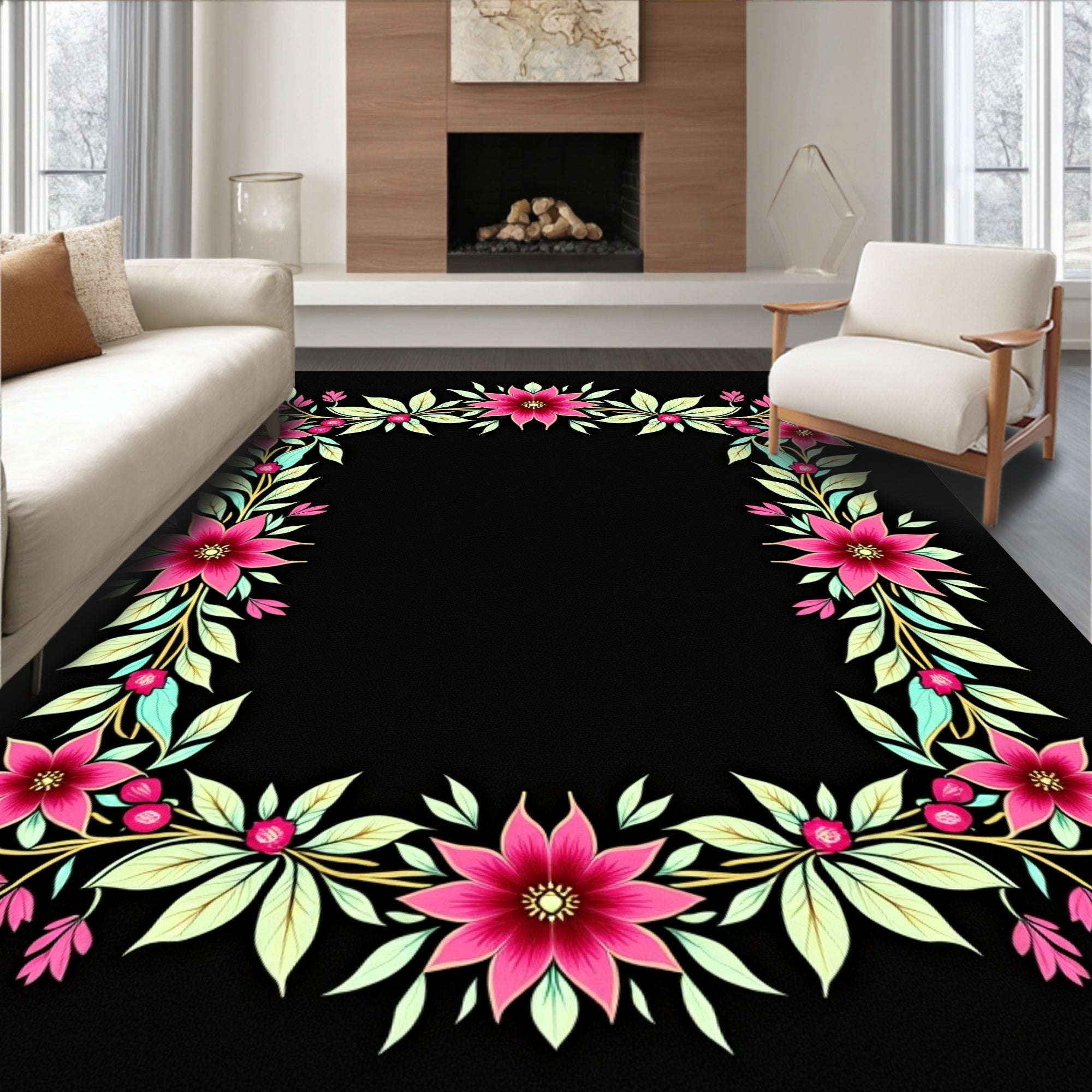 Vibrant Pink Floral Vine Border Rug