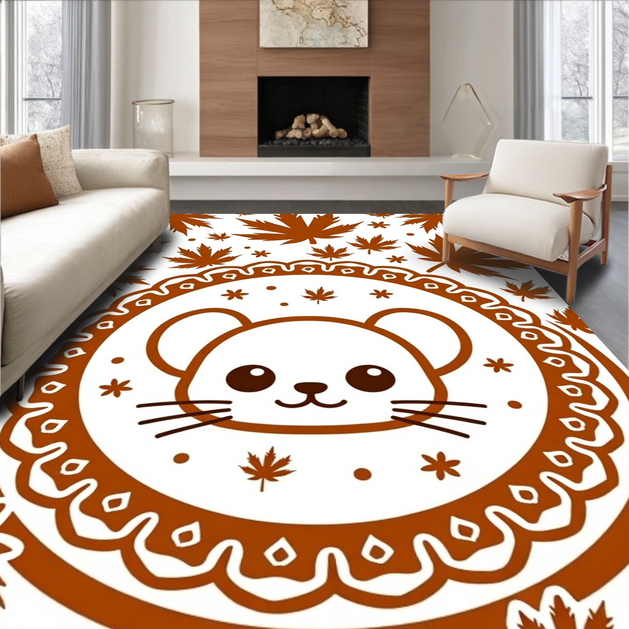 Cute Brown Mouse Maple Leaf Mandala Rug