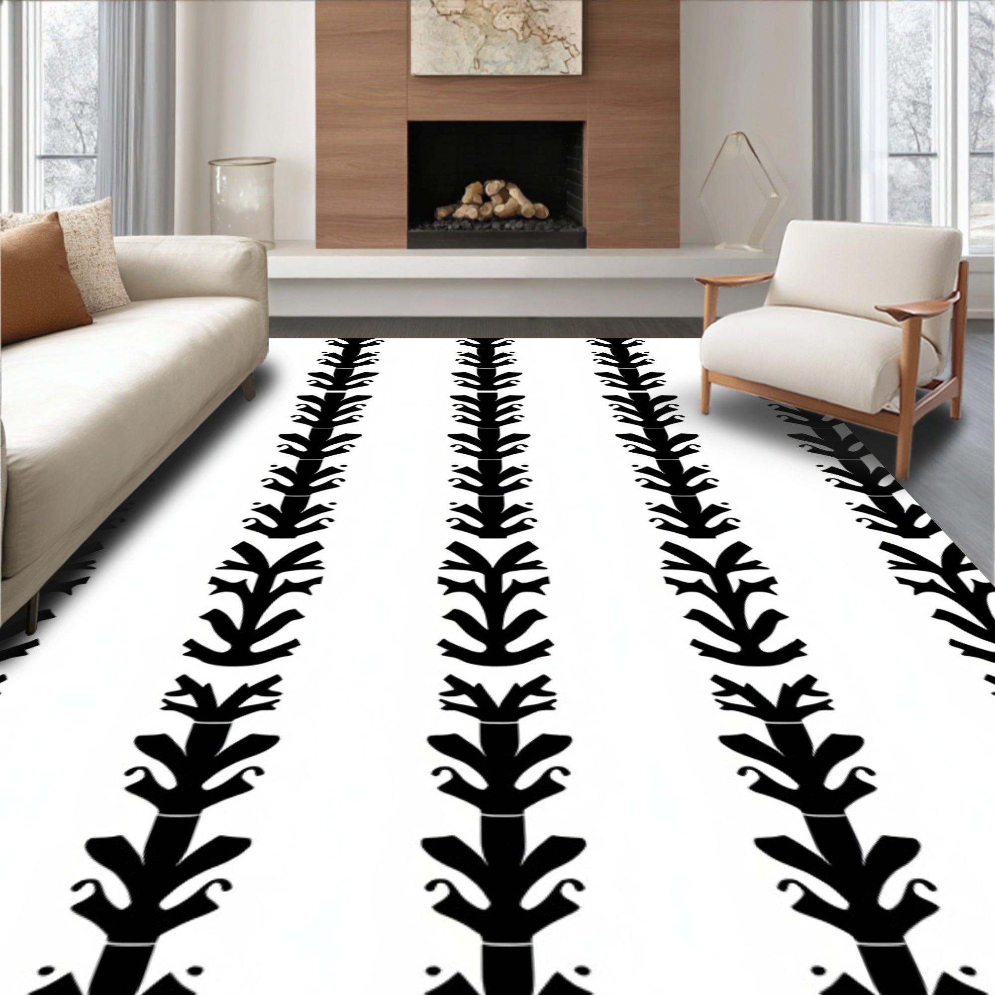 Black Vertical Folk Art Tree Rug